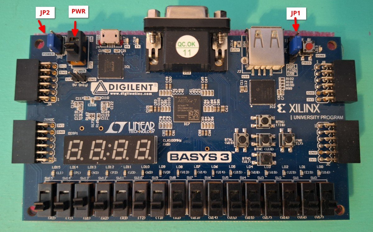 Location of jumpers JP1, JP2 and power on FPGA board