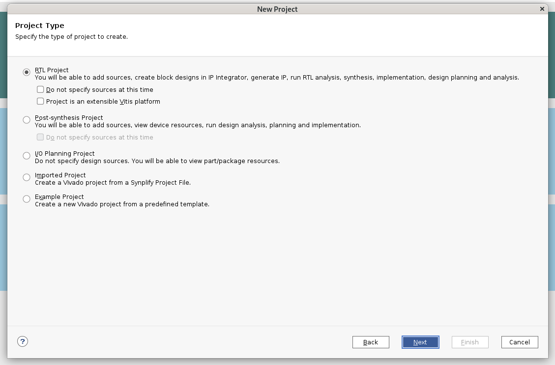 Screenshot of Vivado Create Project screen